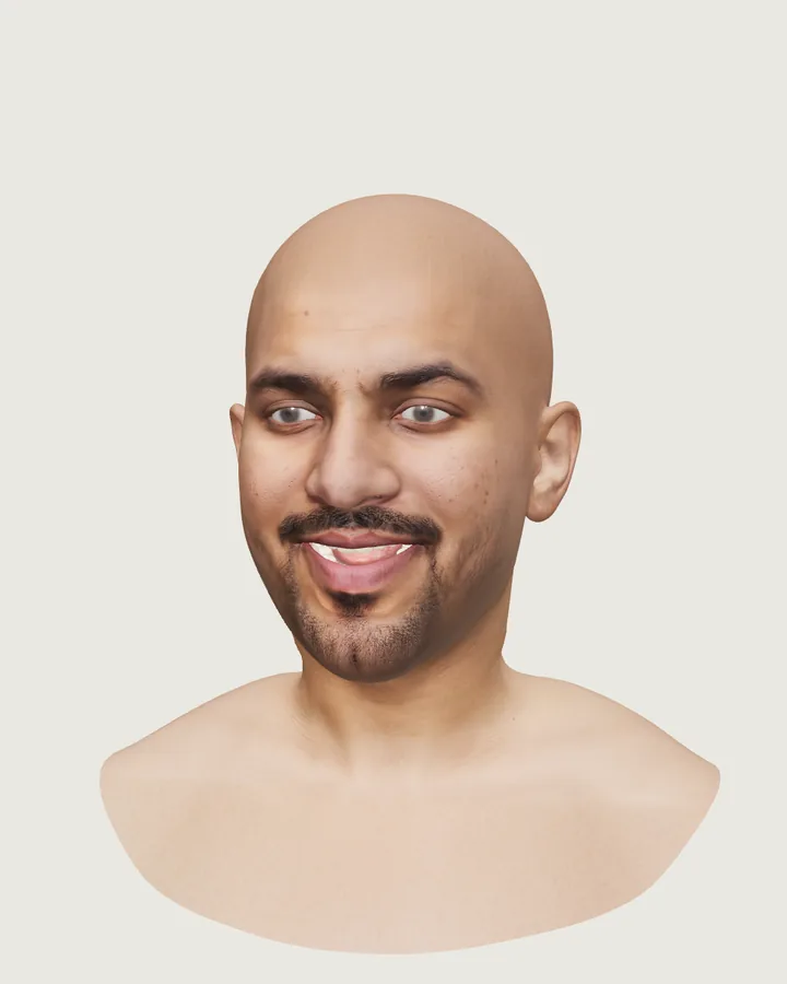 رأس من FaceNinja مُصيَّر في three.js وفمه مفتوح في ابتسامة